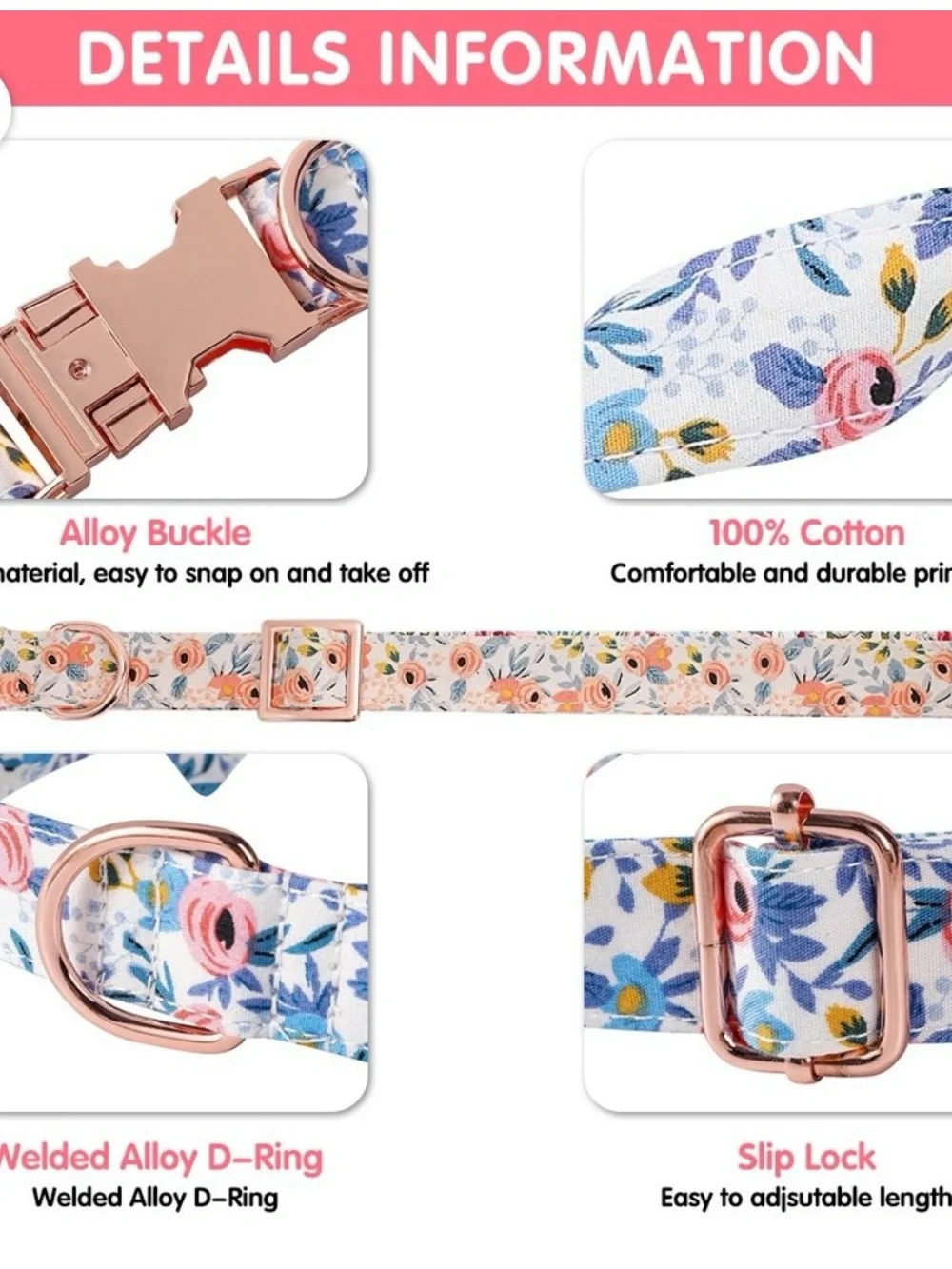 Unique Style Paws Floral Rose Gold Buckle Dog Collar - Blue & Pink